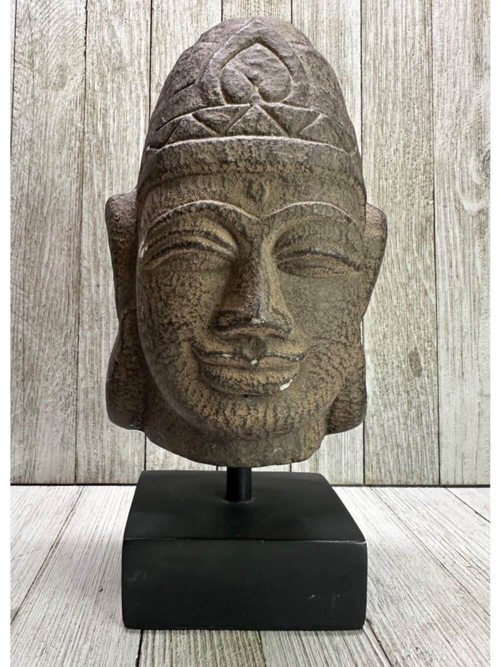 Vintage Khmer Style Buddha Head Sculpture Statue Buddhism Wooden Base 9.5" Tall